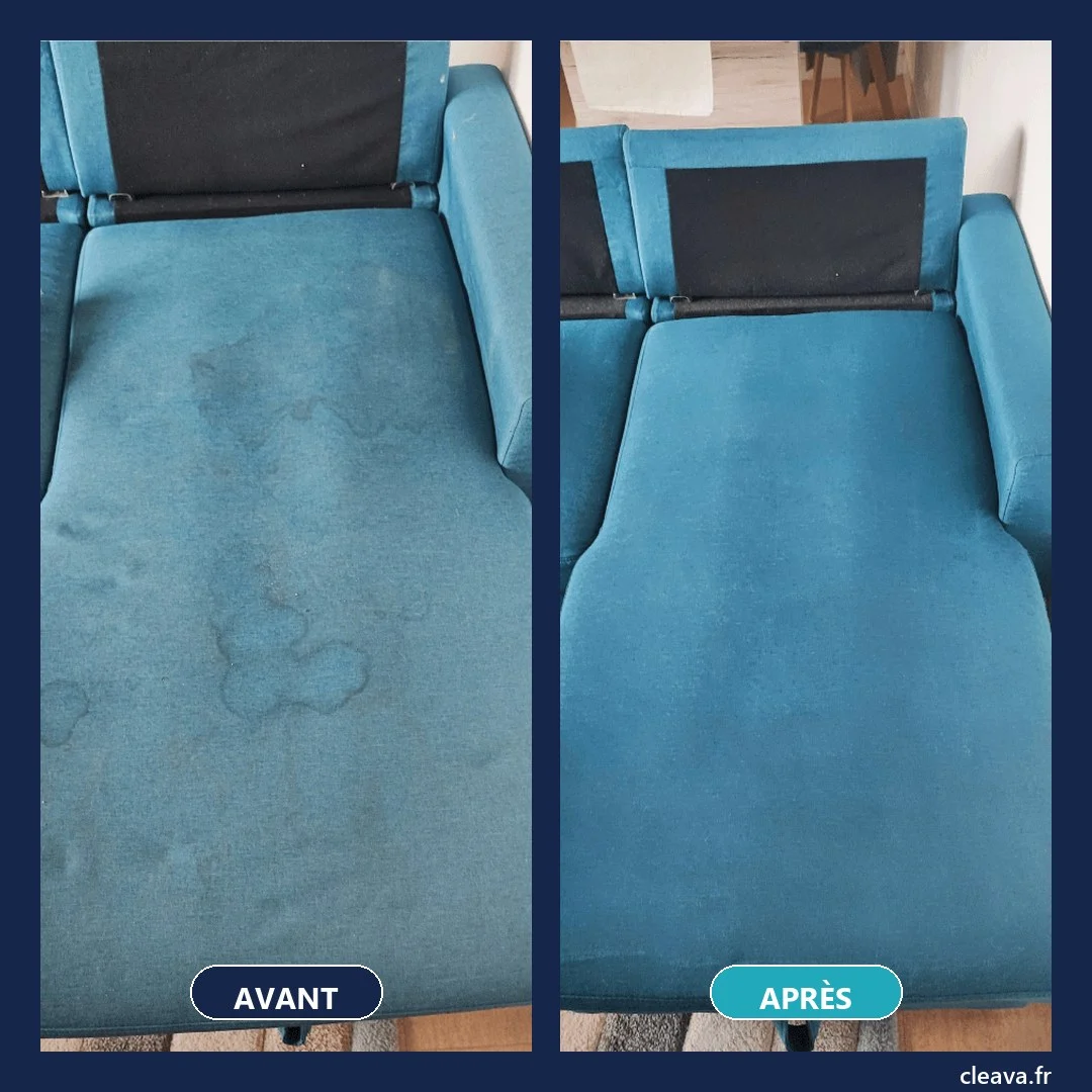 Canapé en tissu bleu taché, avant et après nettoyage par injection-extraction — Cleava