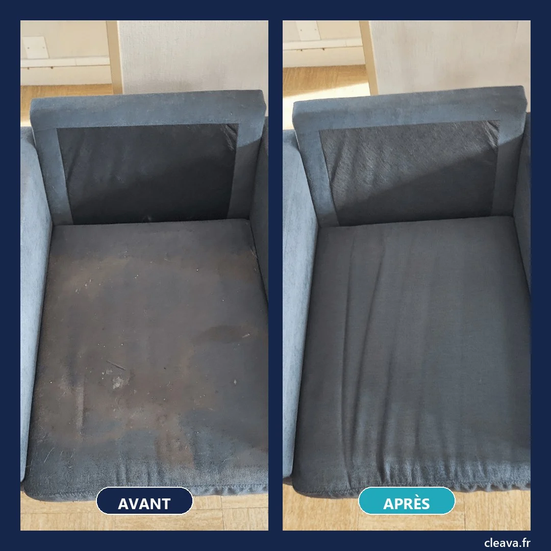 Assise de canapé en tissu gris avant et après nettoyage — Cleava