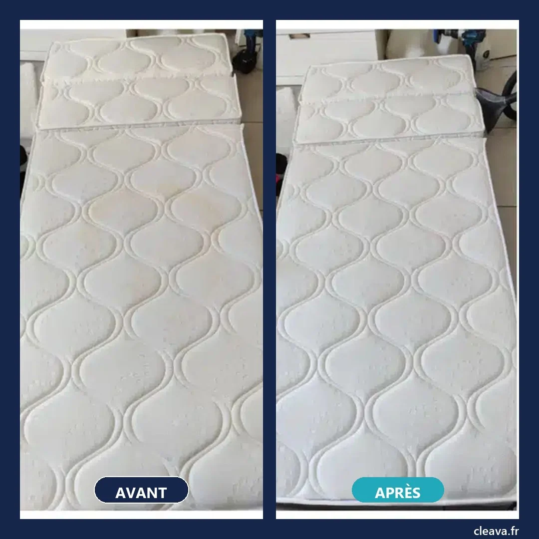 Matelas une place aux auréoles jaunes, avant et après nettoyage par injection-extraction — Cleava